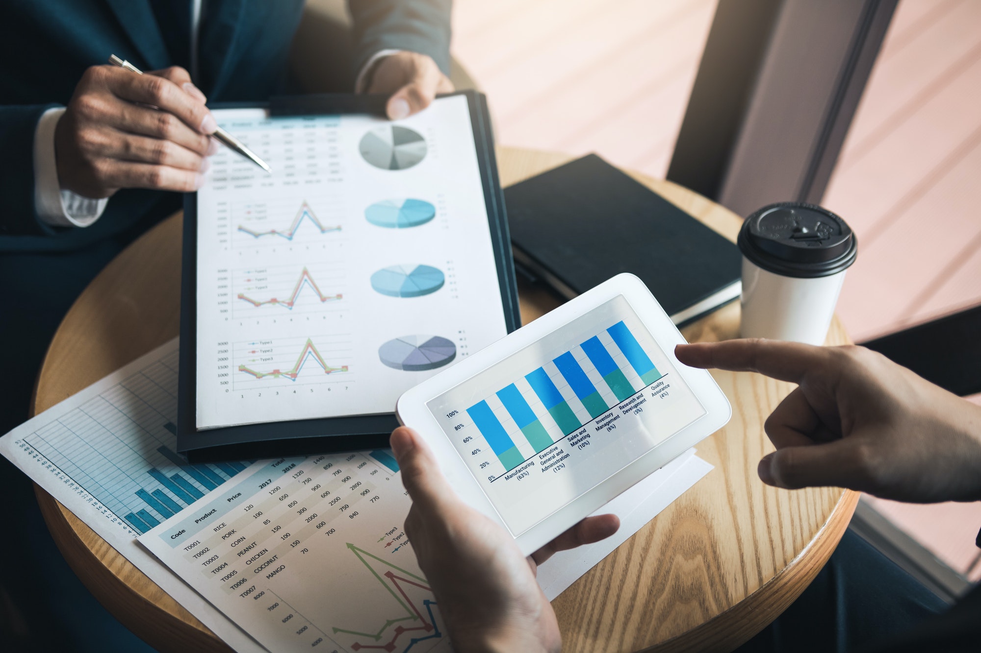 Managers are using tablets to analyze sales cost reports and explain summary reports